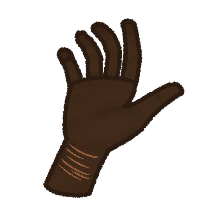 A dark brown, cool undertoned drawing of a hand and wrist with scars on the wrist.